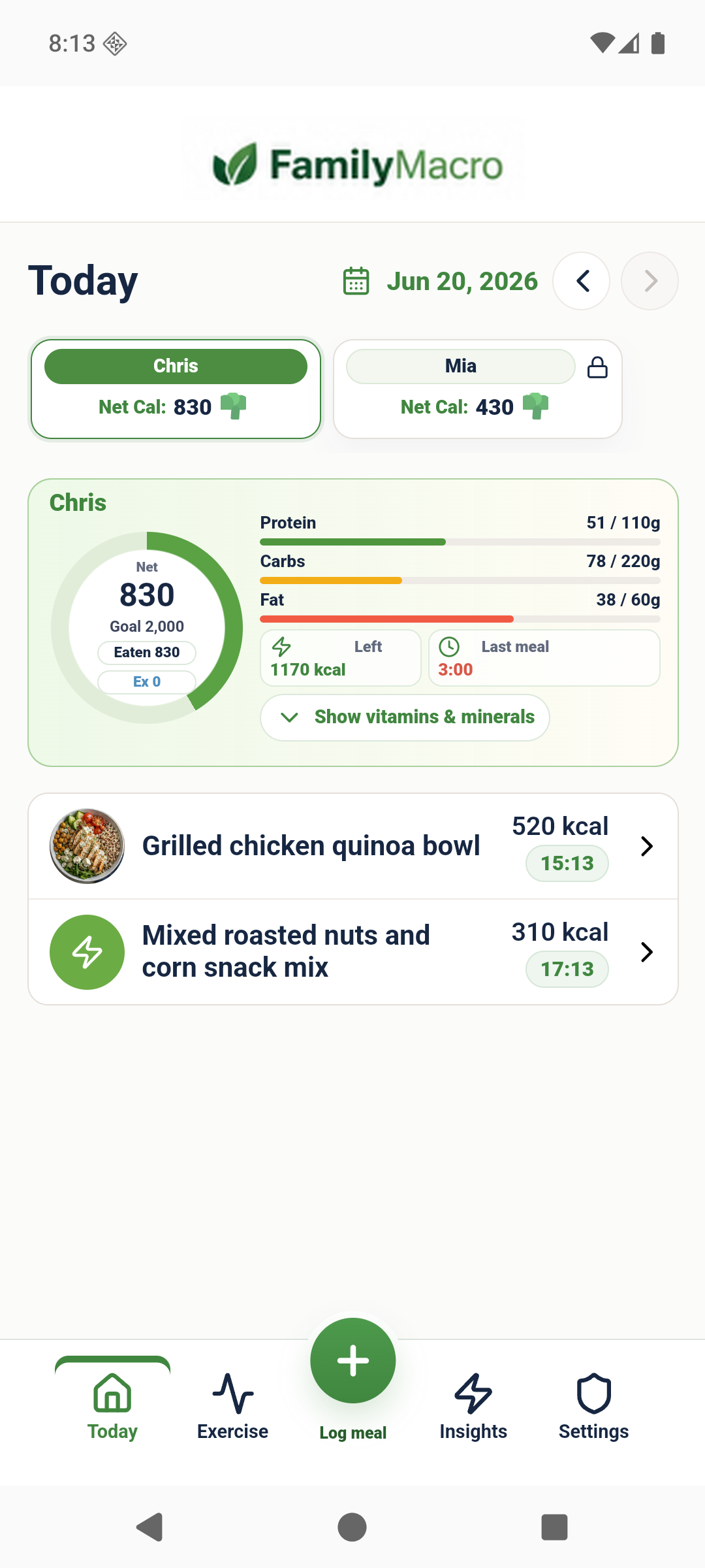 FamilyMacro Android Today screen with demo parent Chris, child profile Mia, macro progress, and logged meals