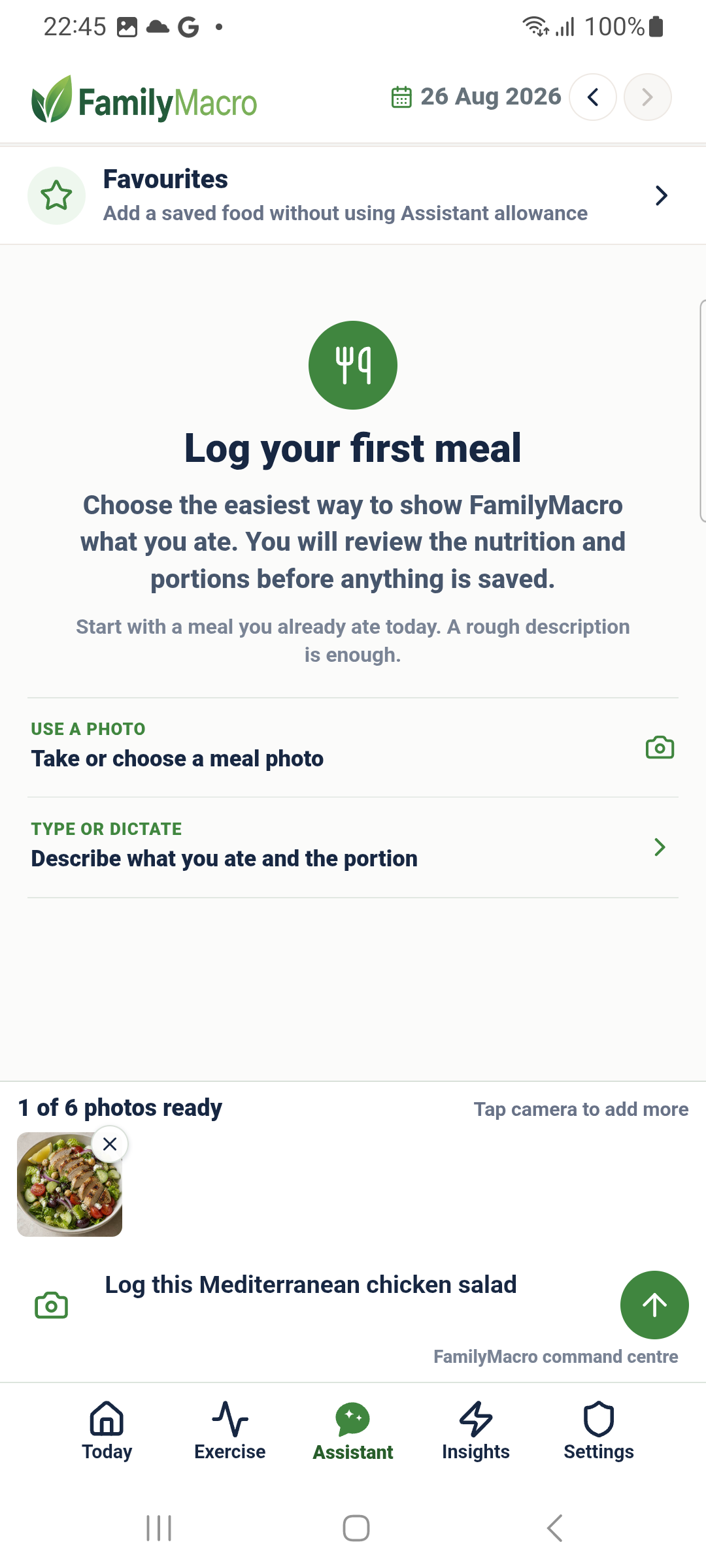 FamilyMacro Assistant captured from the connected Google Play-installed Android phone, ready to log a Mediterranean chicken salad photo as the first meal